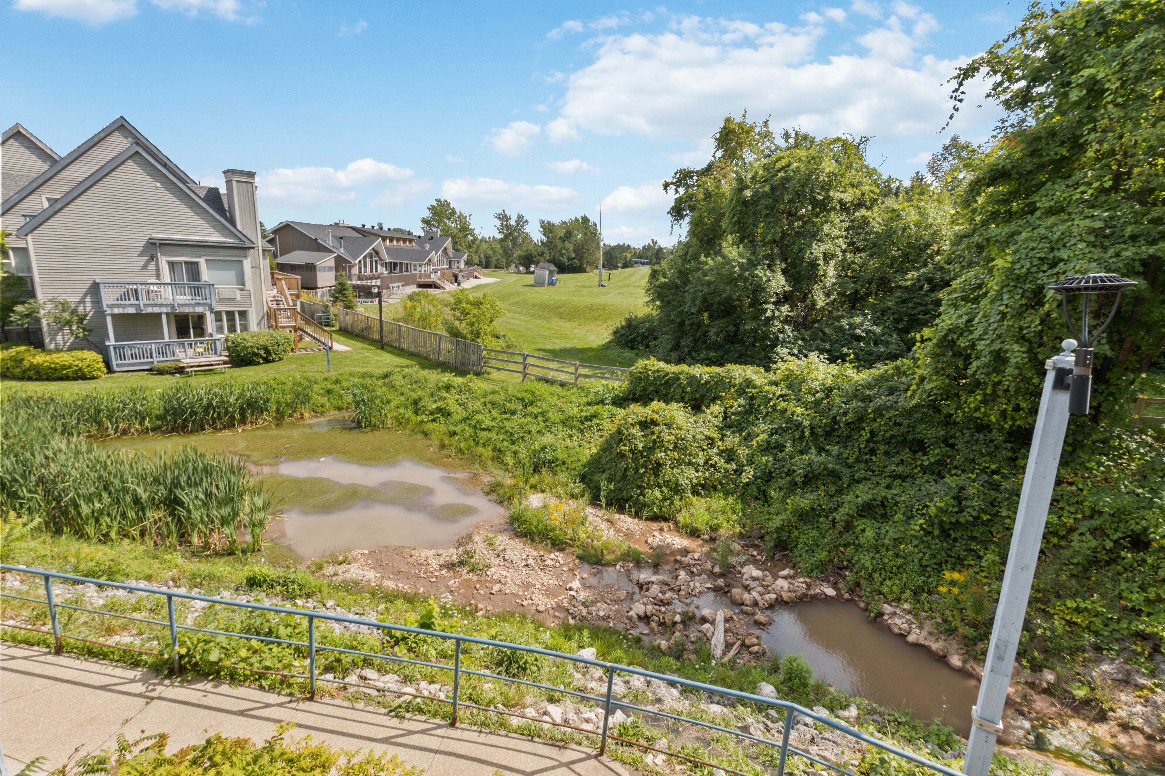 A residential area with houses, a small stream, and a pedestrian bridge.