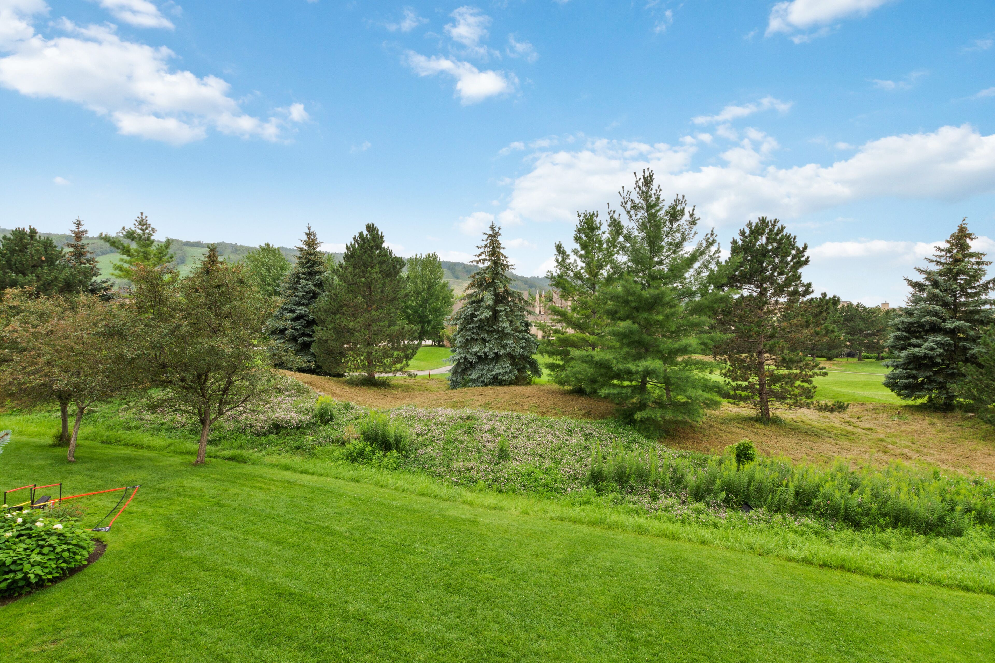 A well-maintained golf course with a variety of trees and a clear sky.