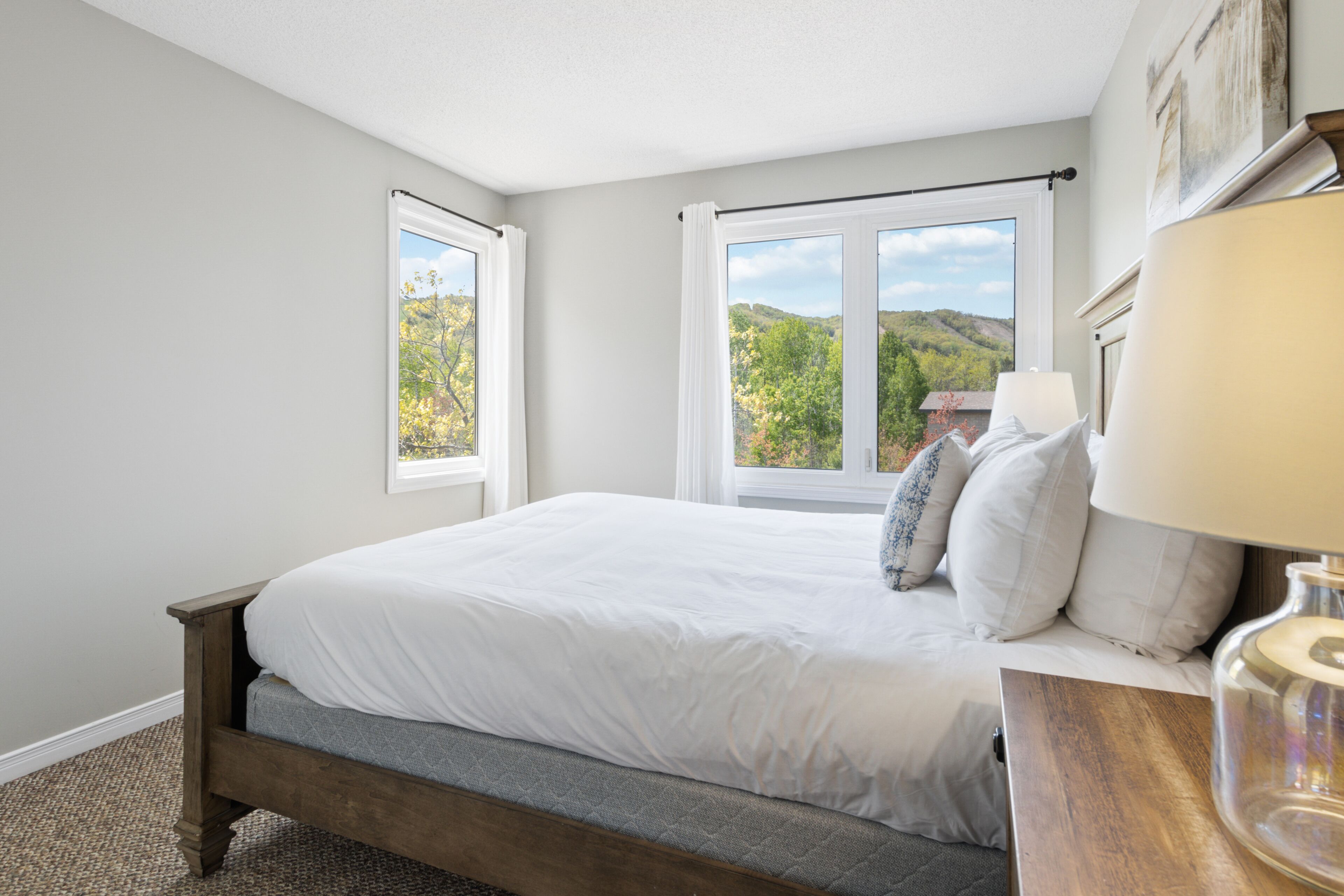 A bedroom with a bed, a nightstand, a lamp, and a view of greenery outside.