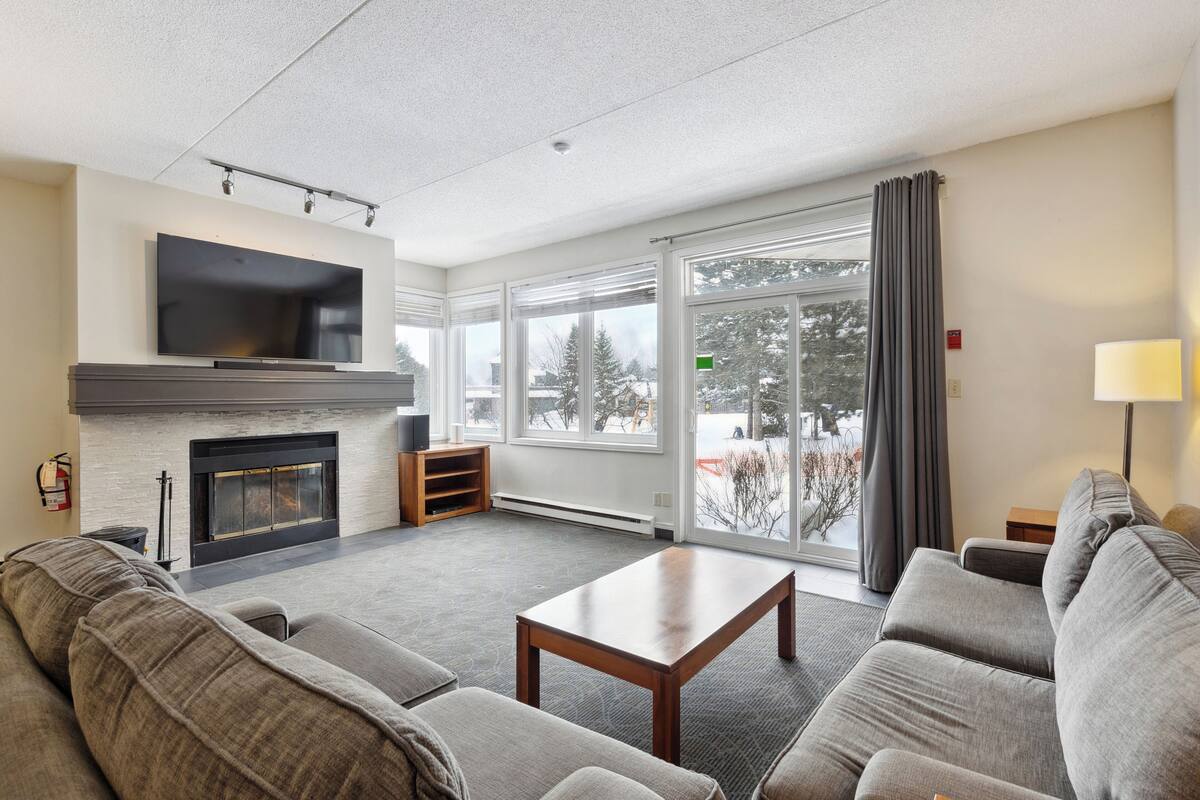 A modern living room with a fireplace, large windows, and a flat-screen TV.