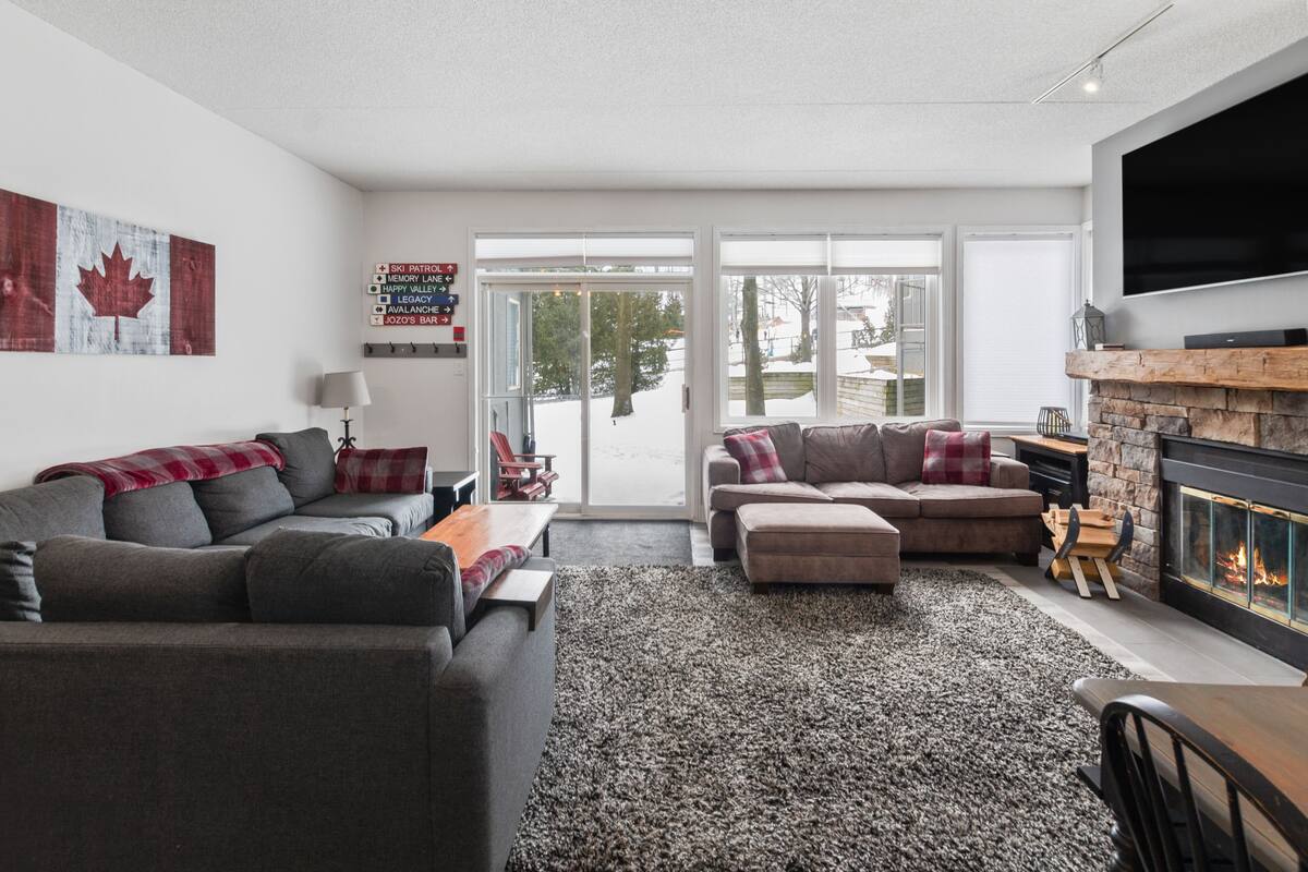 A modern living room with a grey sofa, a brown sofa, a fireplace, and a large TV.