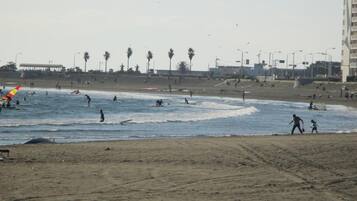 Una spiaggia con persone che fanno surf e passeggiano sulla riva.