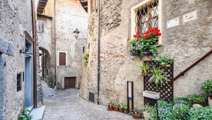 A narrow cobblestone alley with stone buildings, a wooden door, and potted plants. - Casa Doss Apartment with Lake View, Private Terrace, and Wi-Fi (TREMOSINE)
