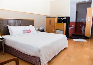 Minibar, desk, blackout curtains, free wired Internet