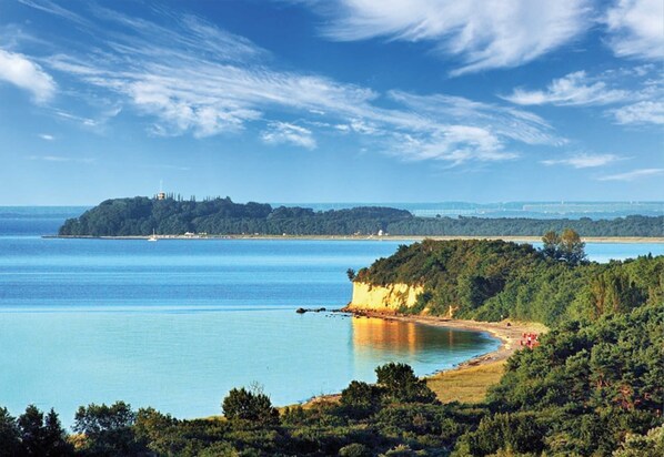 Un paysage côtier offrant une vue dégagée sur la mer, une plage de sable et une colline boisée.