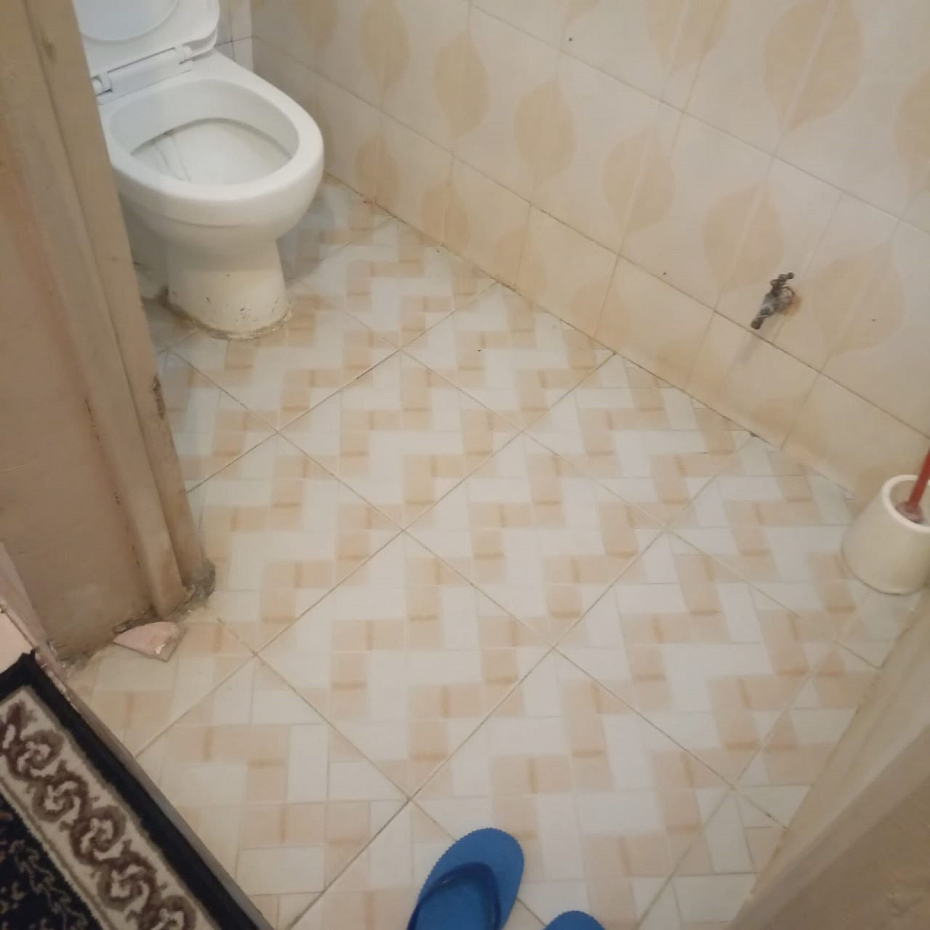 Une salle de bain avec des toilettes, des carreaux de sol à motifs et un balai.
