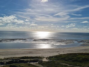 A coastal landscape with a beach, a clear sky, and a distant view of wind turbines. - 5 Star Holiday Home in Blavand (Blavand)