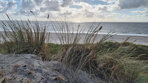 A beach with sand dunes and grass in the foreground, leading to the ocean. - 5 Star Holiday Home in Blavand (Blavand)