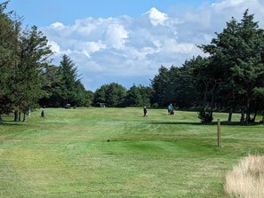 A golf course with a clear sky, trees, and players.