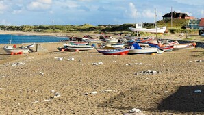 Une plage où plusieurs petits bateaux sont amarrés sur le rivage.