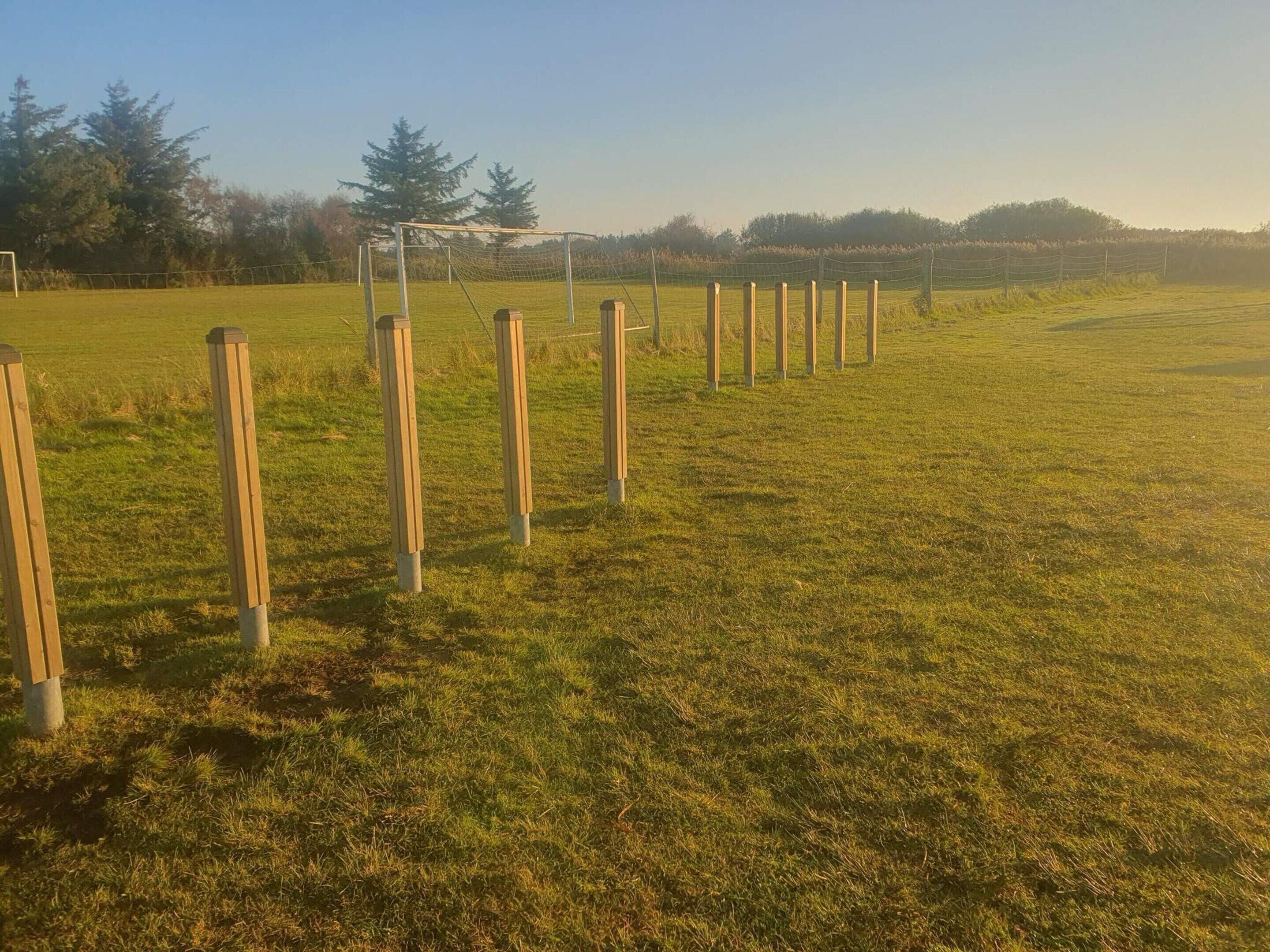 Un terrain herbeux avec des poteaux en bois et un but de football.