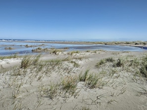 A coastal landscape with sand dunes and a clear sky.