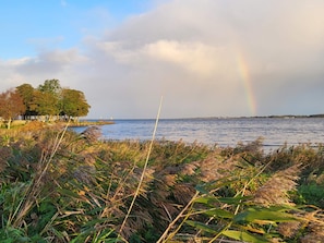 A coastal landscape with a rainbow, trees, and a body of water.