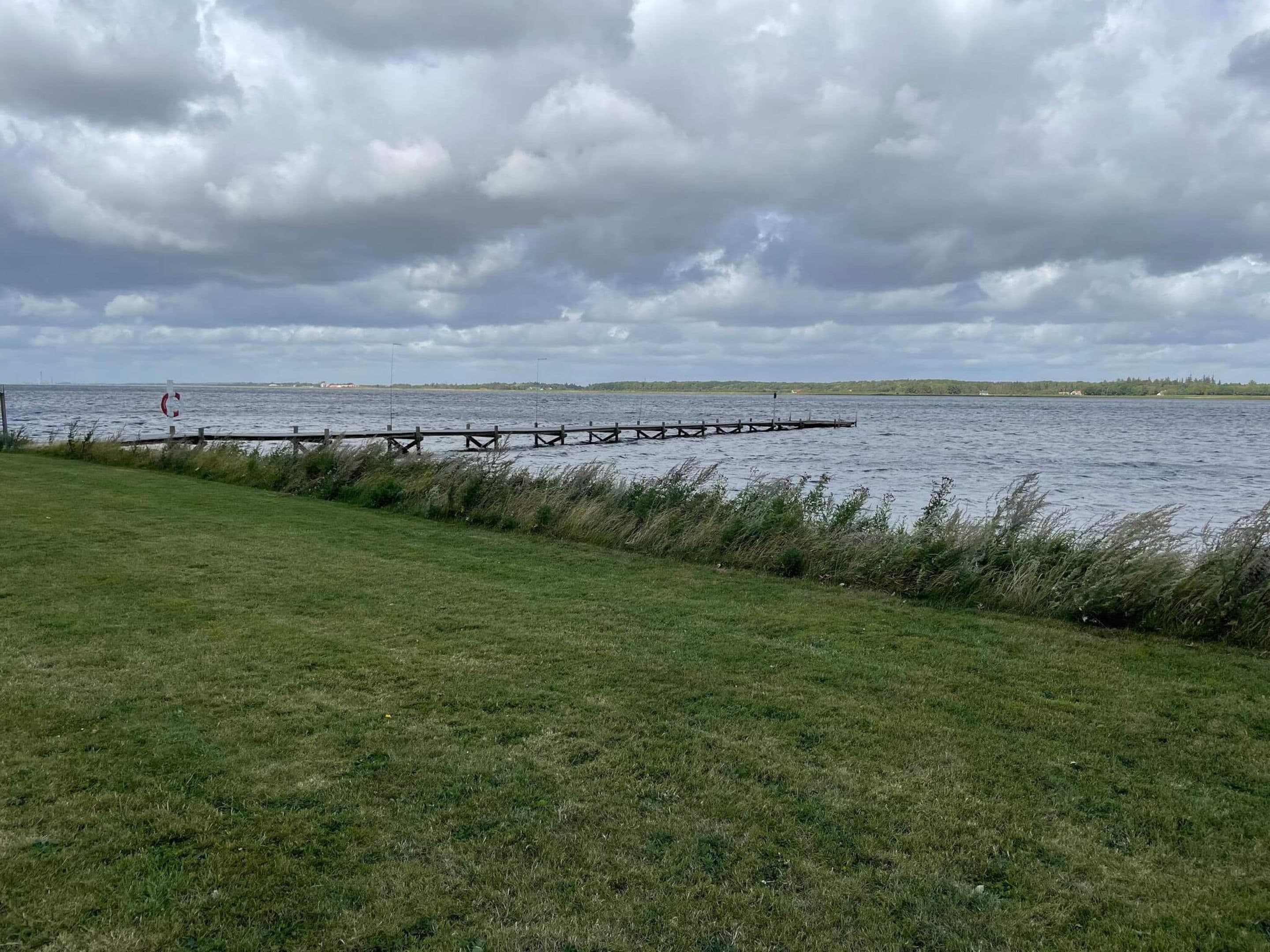 A grassy area with a wooden pier extending into a body of water.