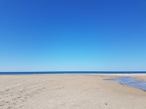 A beach with a clear sky and calm sea.