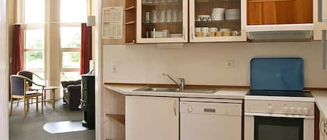 A compact kitchen with a dishwasher, oven, and a blue tray on the counter.