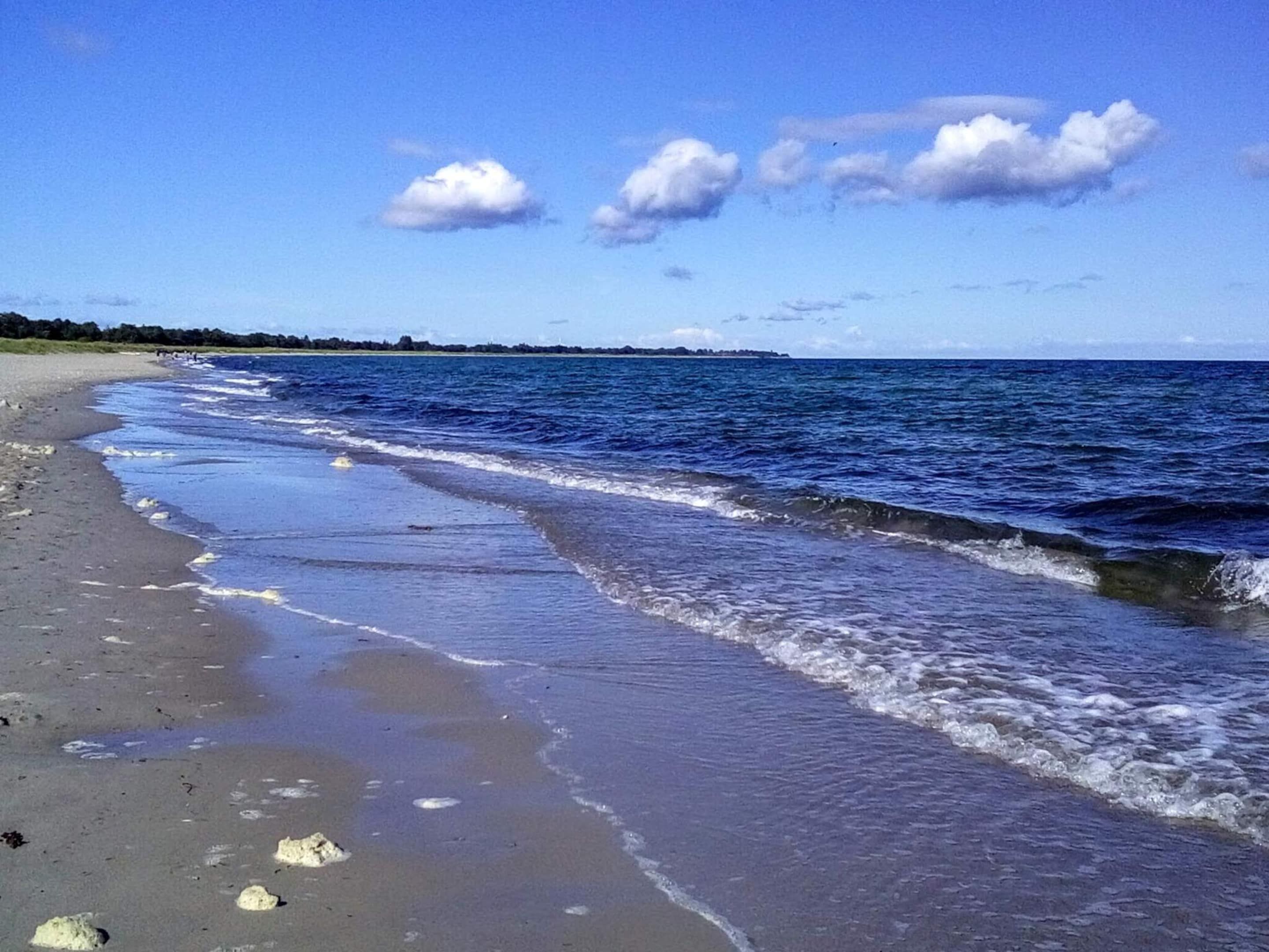 Ein Strand mit wellen, die an das Ufer schlagen, einem klaren Himmel und einer entfernten Landmasse.