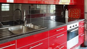 A modern kitchen with red cabinets, black countertops, stainless steel appliances, and a red patterned dish towel. - 4 Person Holiday Home in Tvaaker (Tvaaker)