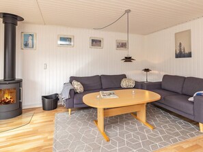 A modern living room with a wood-burning stove, a grey sofa, a round coffee table, and a patterned rug.