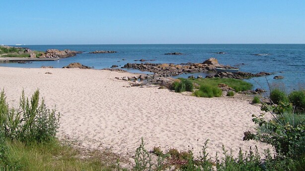 Una playa arenosa con afloramientos rocosos y mar tranquilo.