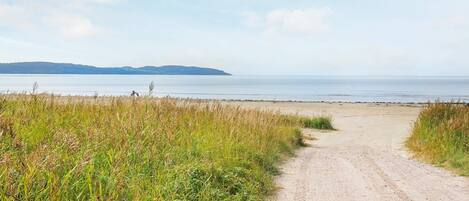 A dirt path leading to a beach with a calm sea and distant hills.