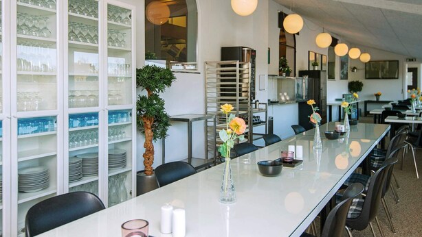A restaurant with a long counter, shelves with glassware, and a potted plant.