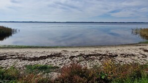 A calm lake with a sandy shore and sparse vegetation. - 5 Star Holiday Home in Skals (Skals)