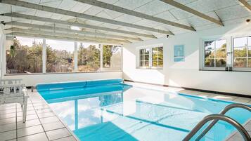 En indendørs swimmingpool med frit udsyn til omgivelserne gennem store vinduer.