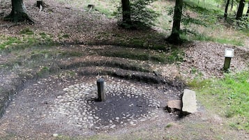 A forested area with a circular stone structure, possibly a well or a pond, surrounded by a gravel path.