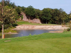 A golf course with a pond, trees, and a rocky outcrop.