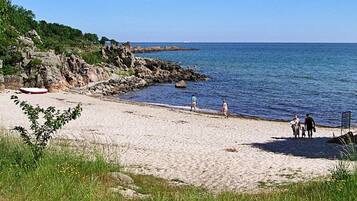A beach with rocky cliffs, a sandy shore, and calm sea.