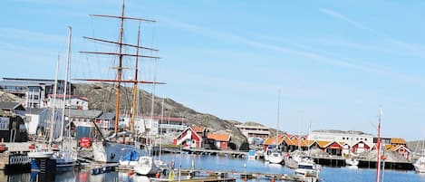 Un puerto con varios barcos, incluyendo un barco mercante de gran altura, amarrados junto a edificios con techos rojos.