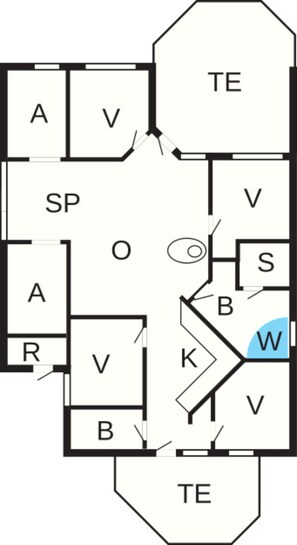 Planta baixa com quartos identificados pelas letras A, V, TE, SP, R, B, K, S e W.