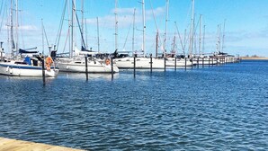 Un port de plaisance où de nombreux voiliers sont amarrés à des quais en bois.