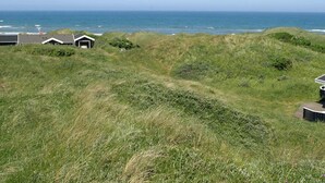 Ett kustlandskap med sanddyner täckta av gräs, en byggnad med ett sluttande tak och havet i bakgrunden.