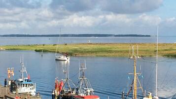 A harbor with various boats, including a sailboat and fishing vessels, docked alongside.