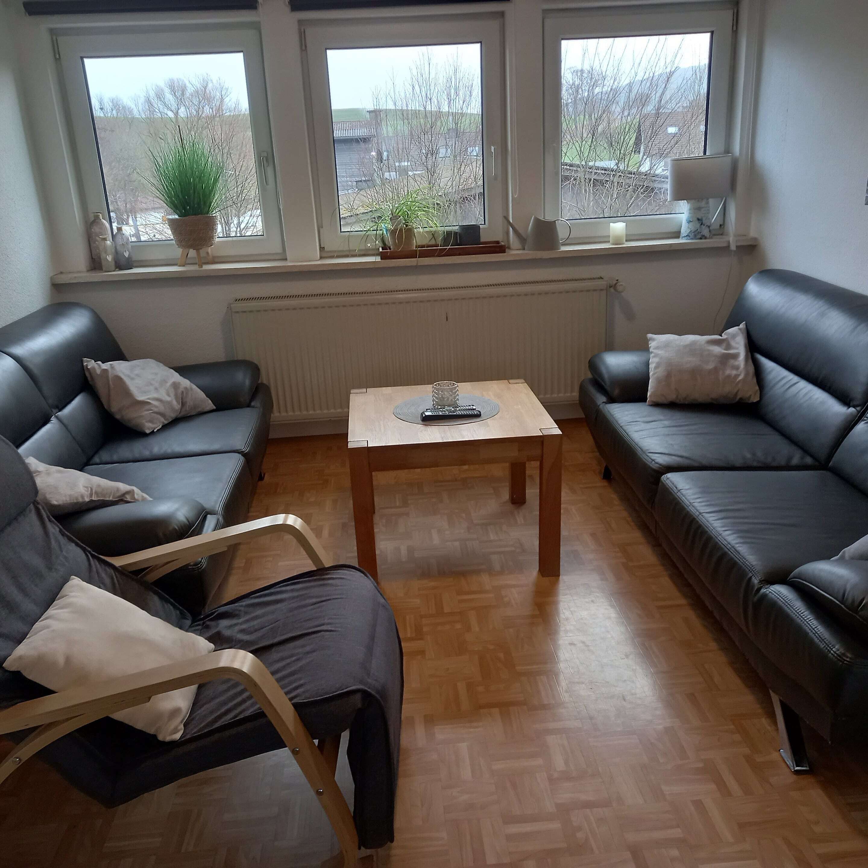 Een woonkamer met twee zwarte leren banken, een houten salontafel en een houten stoel. Drie ramen bieden uitzicht op bomen en gebouwen.