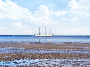 A large ship on calm waters with a clear sky.