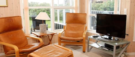 A living room with two leather armchairs, a wooden coffee table, a television on a stand, and a view of the outdoors through large windows.
