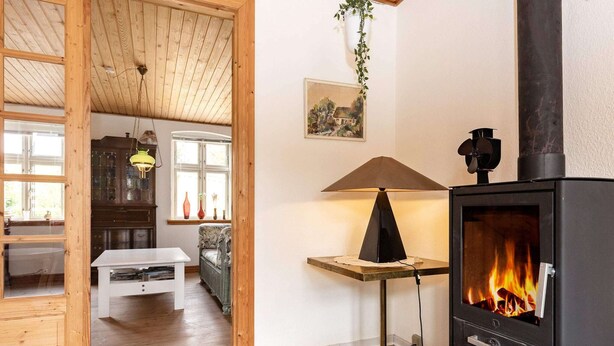 Een gezellige woonkamer met houten vloer, een witte tafel, een bank, een zwarte lamp, een open haard met vlammen en een hangplant.
