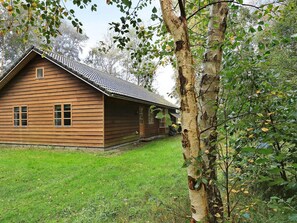 A wooden cabin with a pitched roof, surrounded by a grassy area and trees.