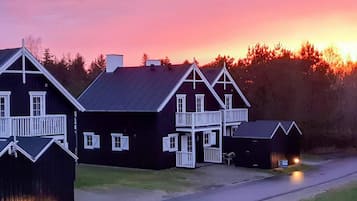 A row of dark-colored buildings with white trim and multiple windows, likely a residential area with a road in front.
