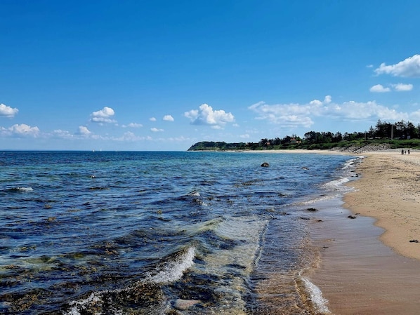 A beach with clear water, a sandy shore, and a distant hill with trees.