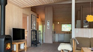 A cozy living room with a fireplace, a television, and a sofa. - 8 Person Holiday Home in Gedser-by Traum (Gedser)