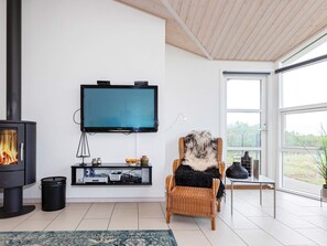 A modern living room with a large flat-screen TV mounted on the wall, a black wood-burning stove, a wicker chair with a fur throw, and a large window providing a view of the outdoors.