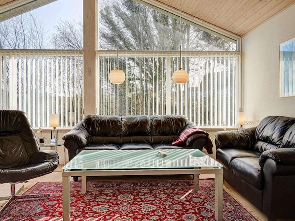 Ein Wohnzimmer mit einem Glastisch, zwei Ledersofas, einem roten Teppich mit Muster und großen Fenstern mit Jalousien.