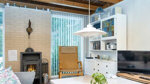 Un salon confortable avec une cheminée, un téléviseur et une bibliothèque.
