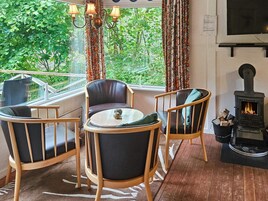 Una habitación acogedora con chimenea, una ventana con cortinas y vistas al verdor exterior.