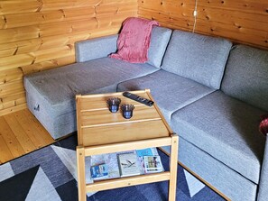 A cozy room with a grey sofa, a wooden coffee table with magazines and a remote control, and a wooden wall.