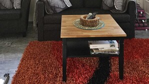 Uma sala de estar com um sofá escuro, uma mesa de centro de madeira e um tapete vermelho.